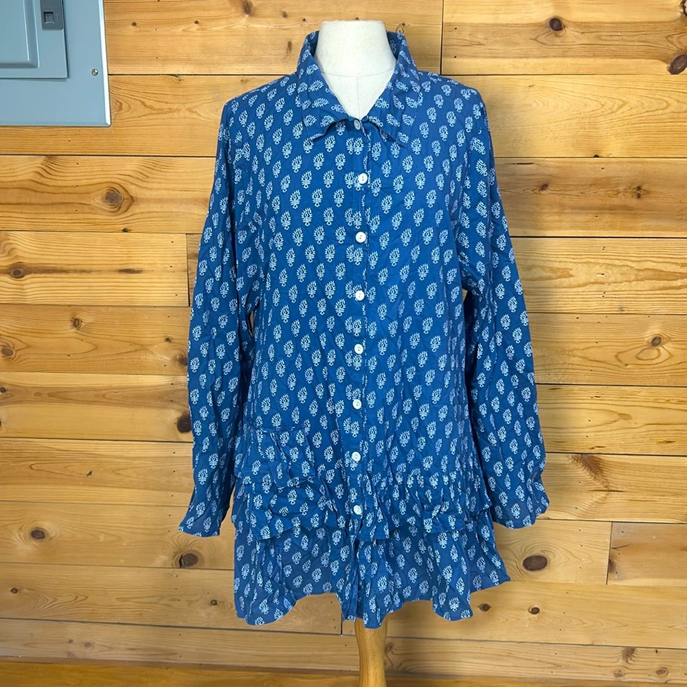 EUC tulip brand blue cotton lagenlook ruffled tunic top dress blouse XL magnolia